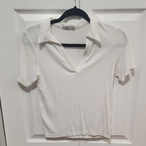 Stradivarius Cream Collared Short Sleeve Top
